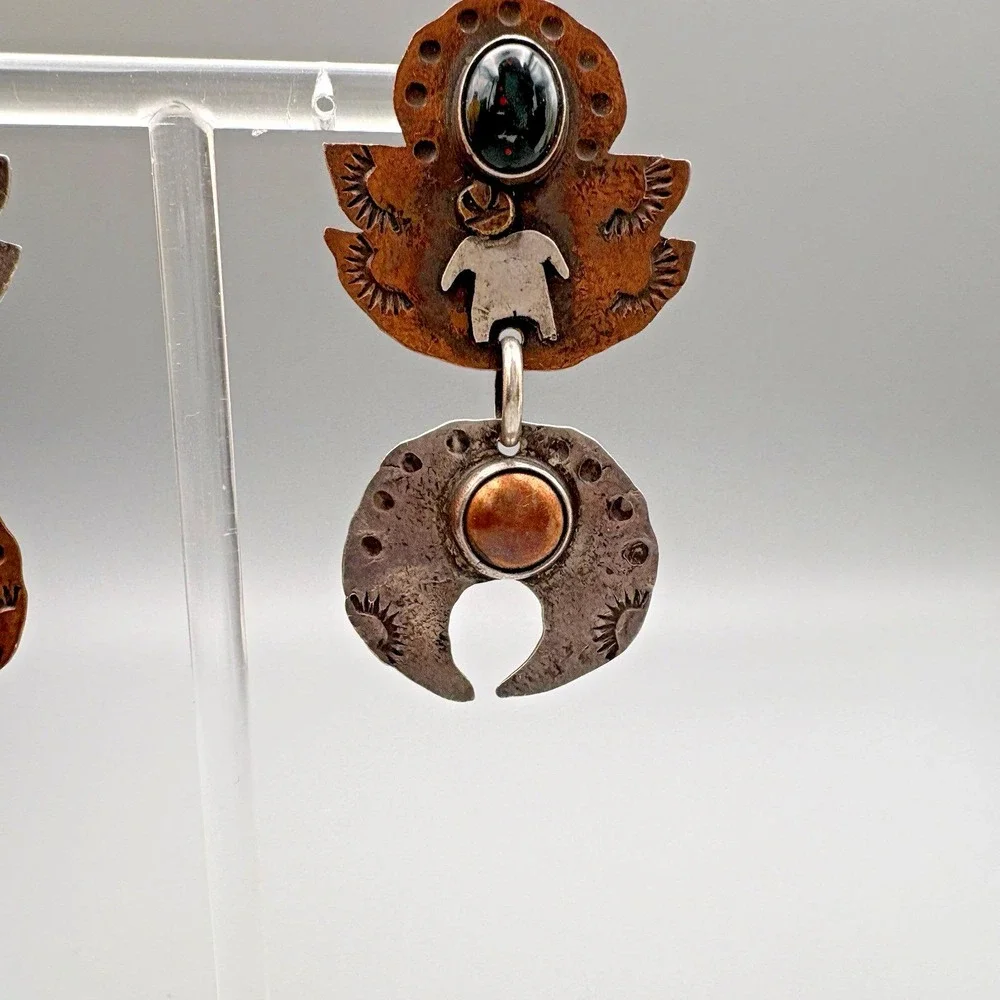 Vintage Native American Pierced Earrings Sterling Silver Copper Signed AS Onyx